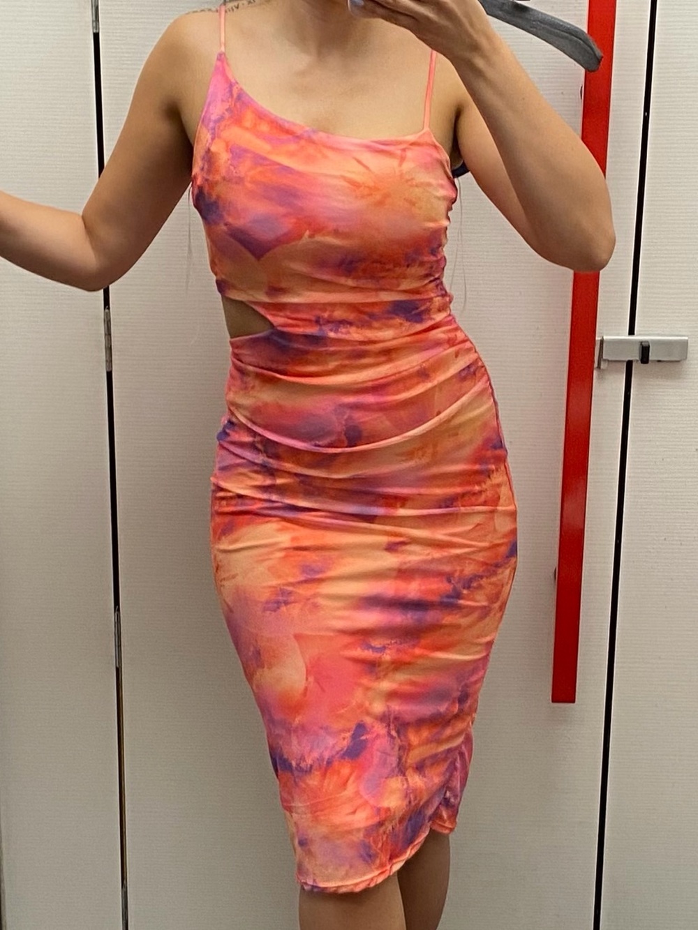 Women’s Pink Orange Tie-Dye Cutout Bodycon Dress